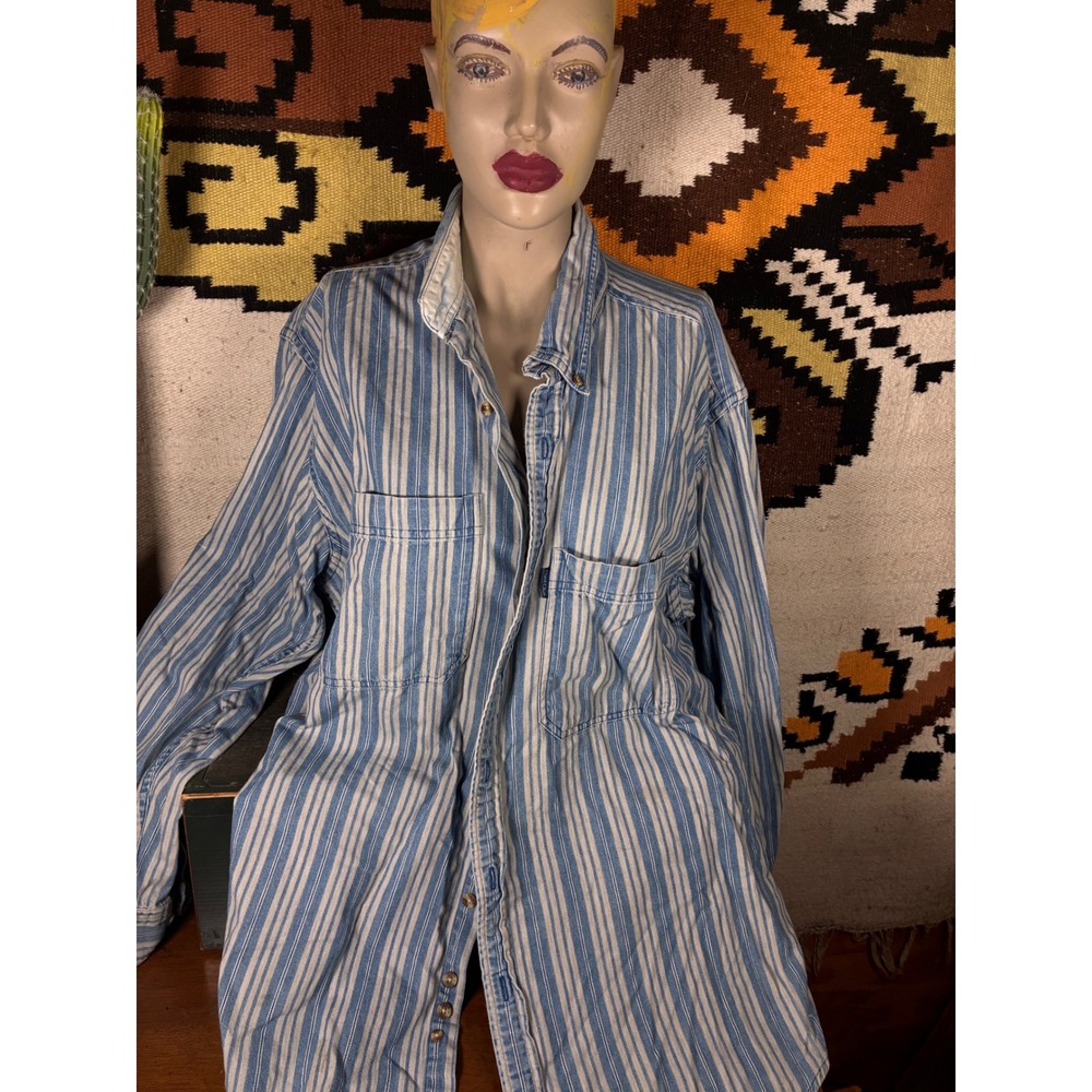 Hunt Club Button Down Shirt Mens XL Blue Striped Excellent Cotton Denim Utility